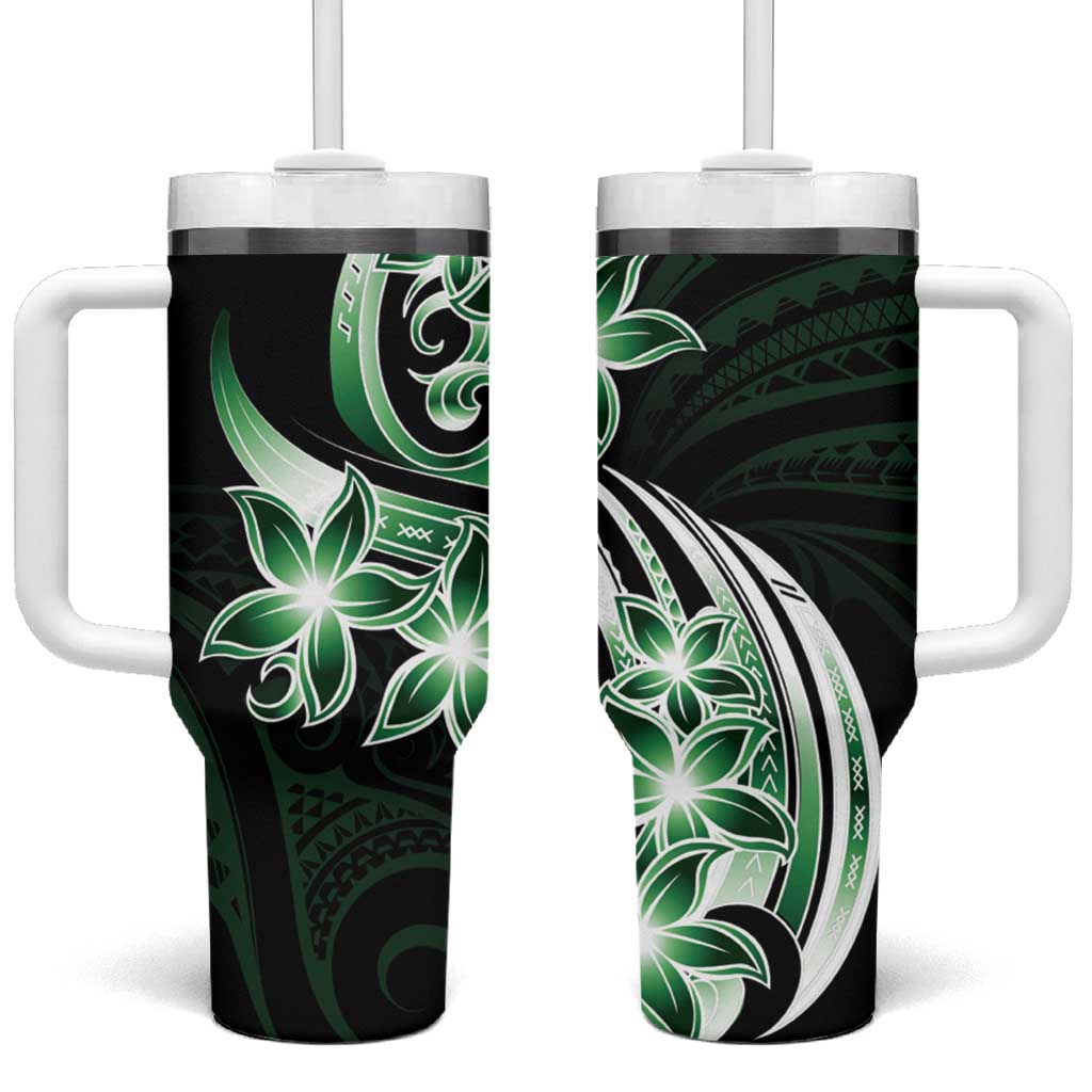 Plumeria Tribal Tattoo Tumbler With Handle Green Polynesian Pattern