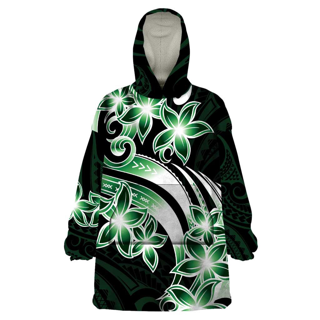 Plumeria Tribal Tattoo Wearable Blanket Hoodie Green Polynesian Pattern