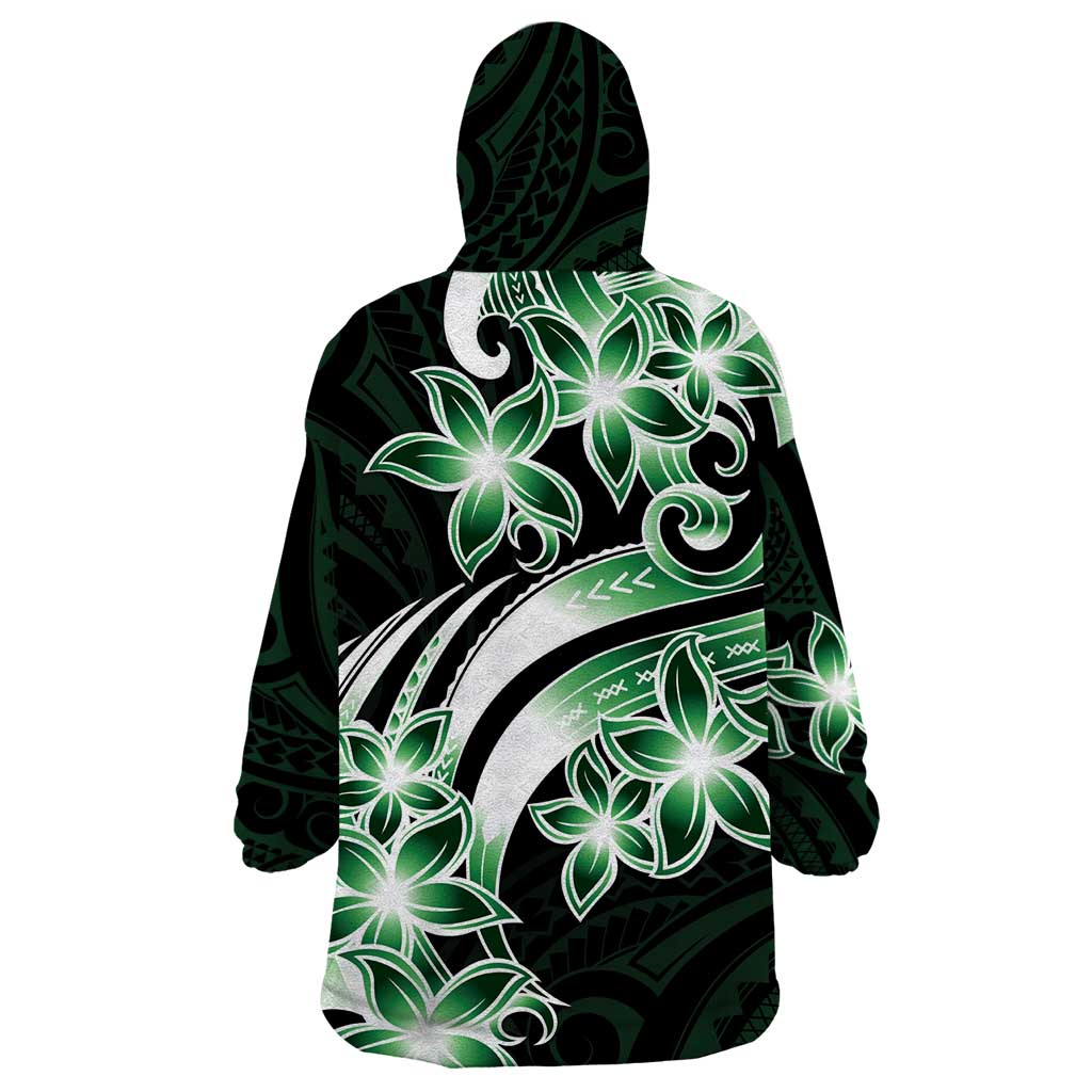 Plumeria Tribal Tattoo Wearable Blanket Hoodie Green Polynesian Pattern
