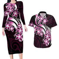 Plumeria Tribal Tattoo Couples Matching Long Sleeve Bodycon Dress and Hawaiian Shirt Pink Polynesian Pattern