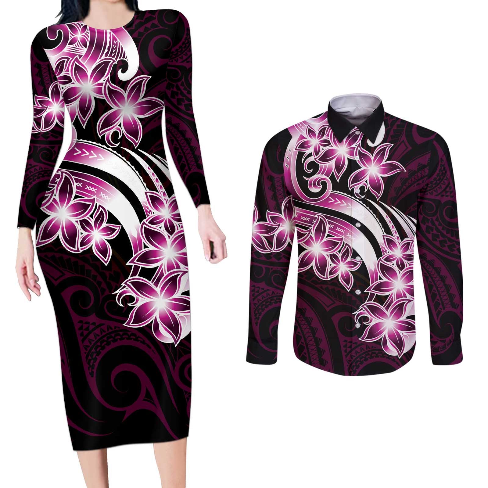 Plumeria Tribal Tattoo Couples Matching Long Sleeve Bodycon Dress and Long Sleeve Button Shirt Pink Polynesian Pattern