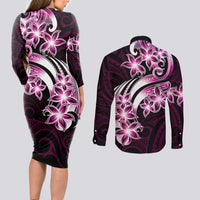 Plumeria Tribal Tattoo Couples Matching Long Sleeve Bodycon Dress and Long Sleeve Button Shirt Pink Polynesian Pattern