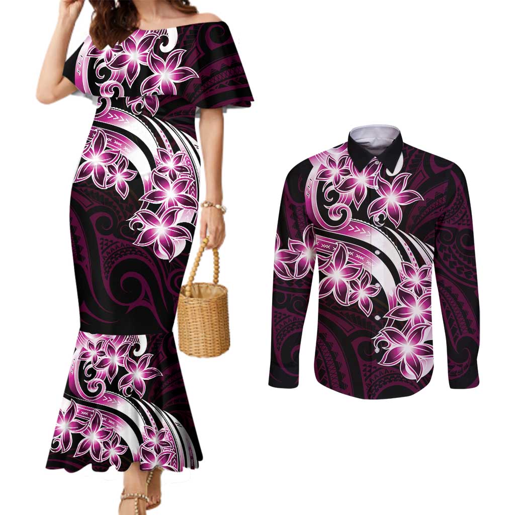 Plumeria Tribal Tattoo Couples Matching Mermaid Dress and Long Sleeve Button Shirt Pink Polynesian Pattern