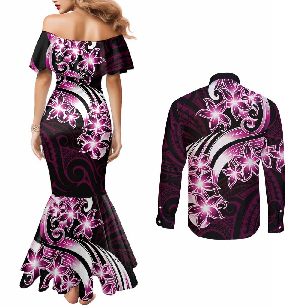 Plumeria Tribal Tattoo Couples Matching Mermaid Dress and Long Sleeve Button Shirt Pink Polynesian Pattern