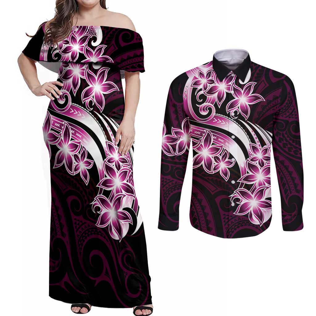 Plumeria Tribal Tattoo Couples Matching Off Shoulder Maxi Dress and Long Sleeve Button Shirt Pink Polynesian Pattern