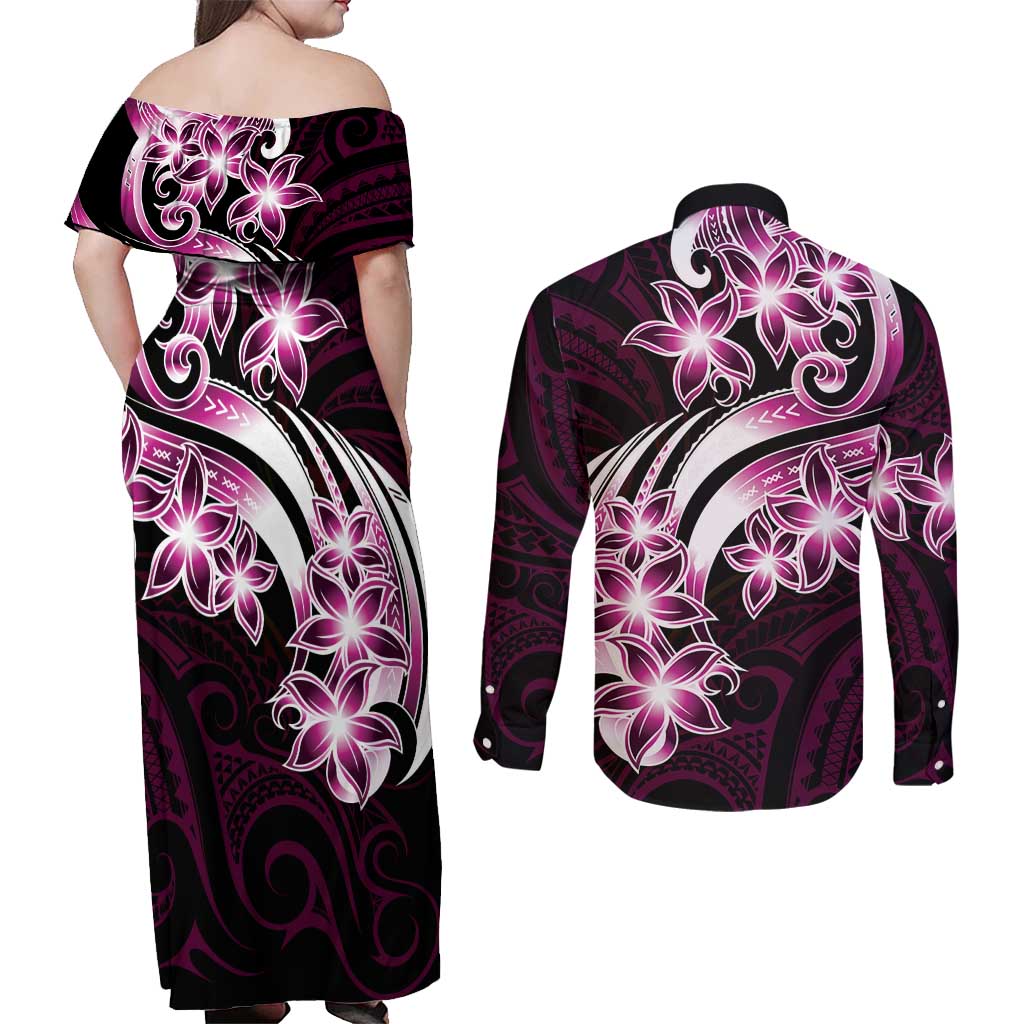 Plumeria Tribal Tattoo Couples Matching Off Shoulder Maxi Dress and Long Sleeve Button Shirt Pink Polynesian Pattern