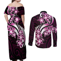 Plumeria Tribal Tattoo Couples Matching Off Shoulder Maxi Dress and Long Sleeve Button Shirt Pink Polynesian Pattern
