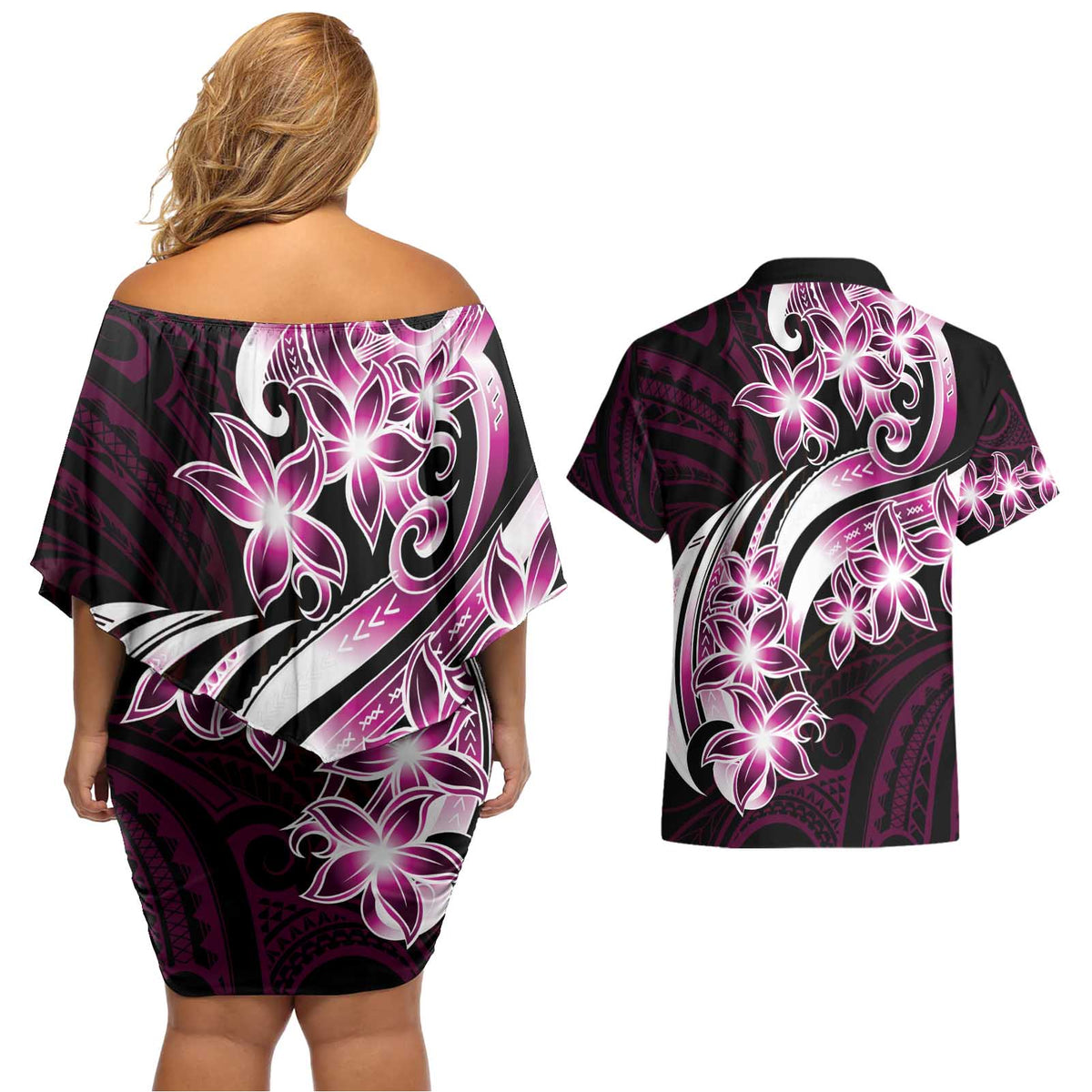 Plumeria Tribal Tattoo Couples Matching Off Shoulder Short Dress and Hawaiian Shirt Pink Polynesian Pattern
