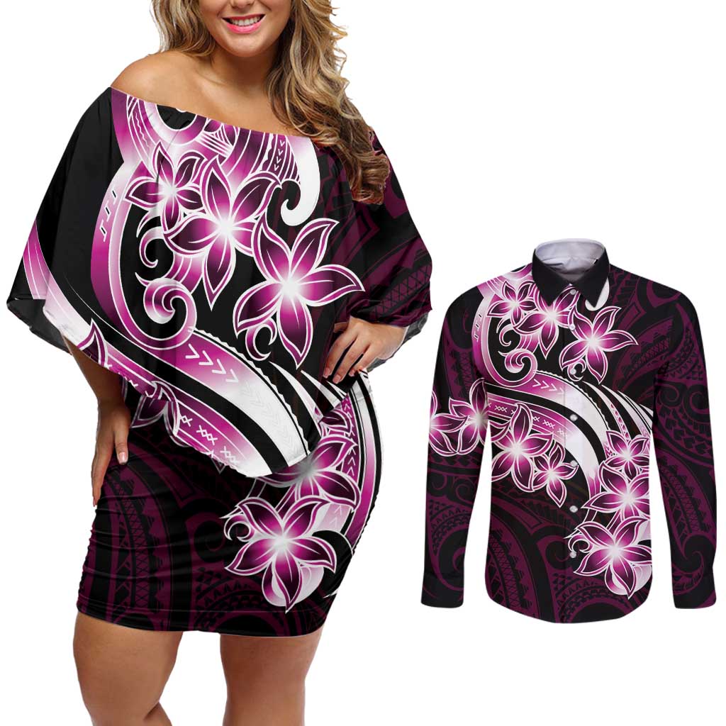 Plumeria Tribal Tattoo Couples Matching Off Shoulder Short Dress and Long Sleeve Button Shirt Pink Polynesian Pattern
