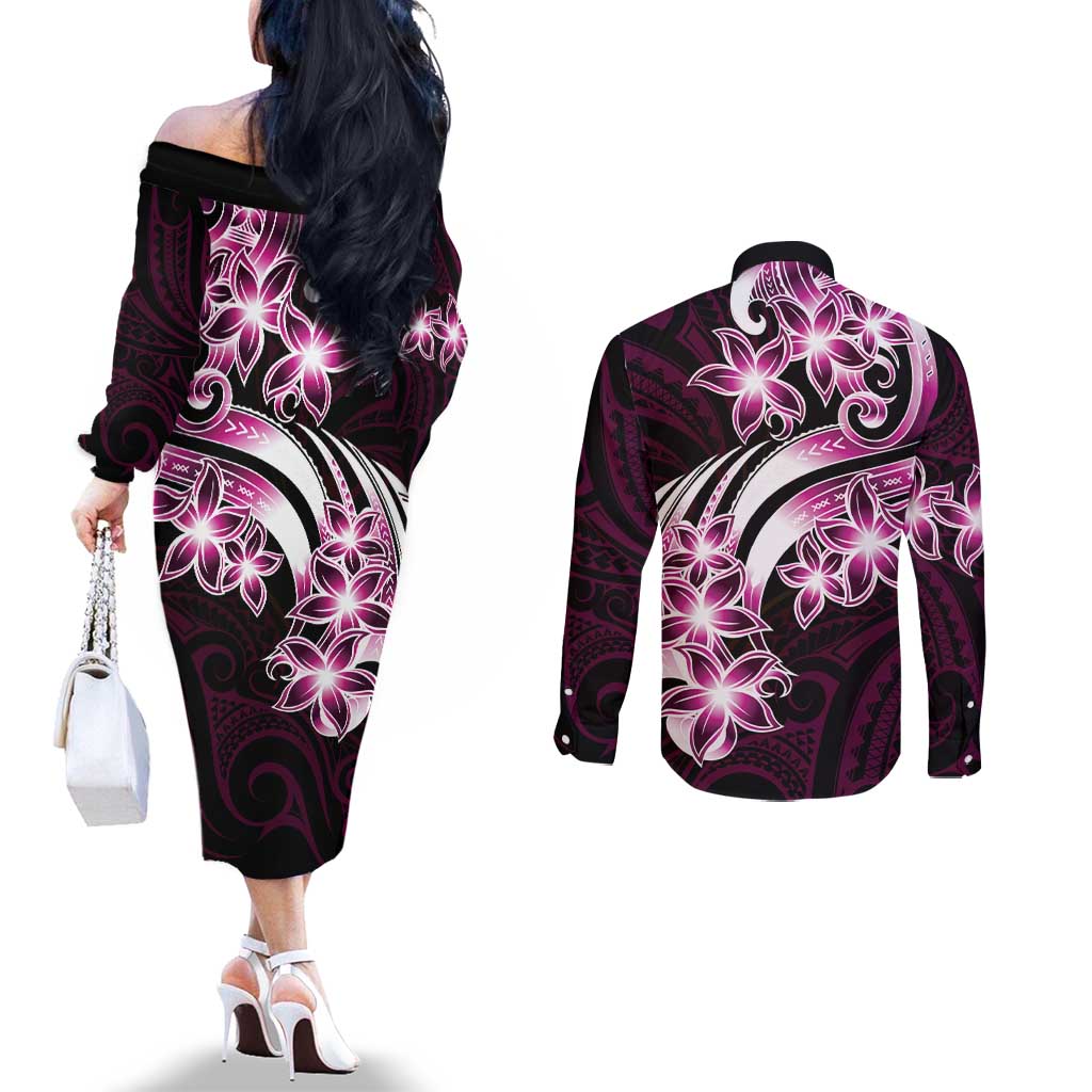 Plumeria Tribal Tattoo Couples Matching Off The Shoulder Long Sleeve Dress and Long Sleeve Button Shirt Pink Polynesian Pattern