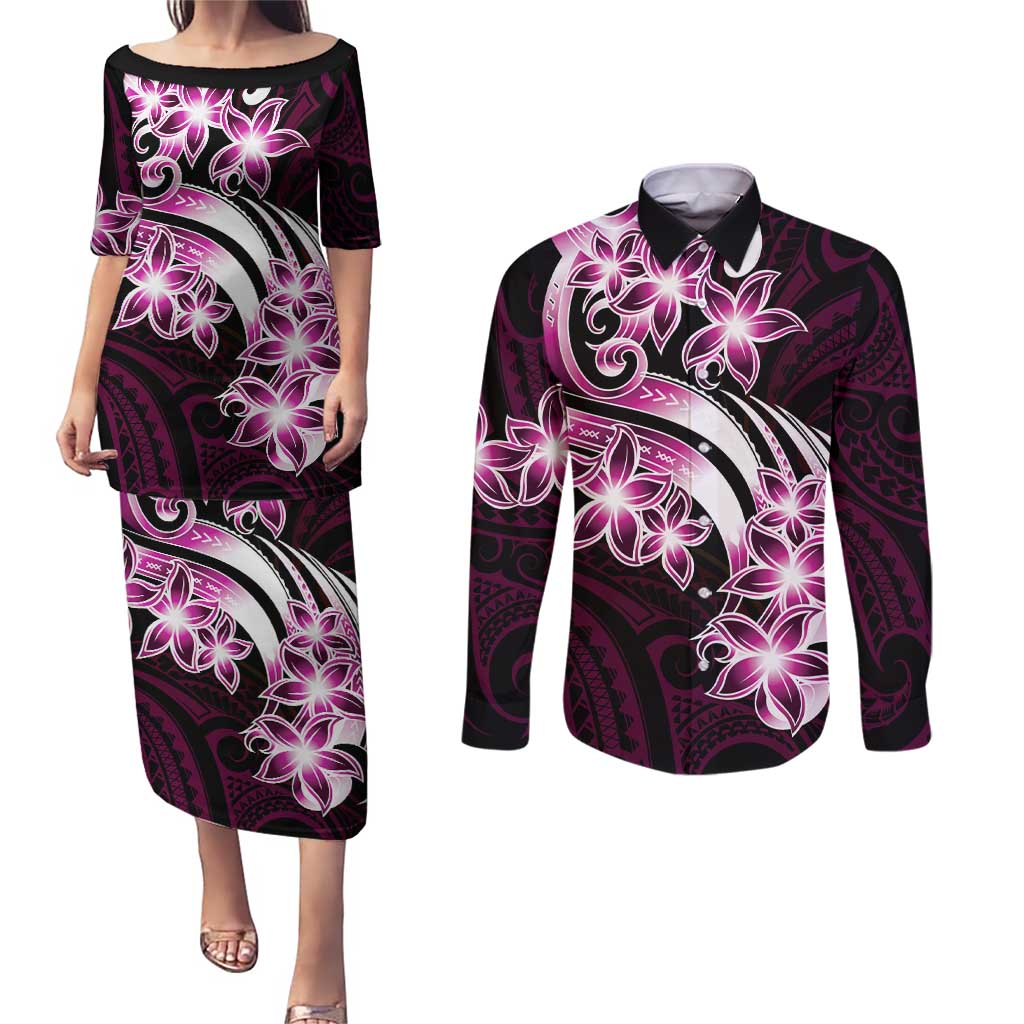 Plumeria Tribal Tattoo Couples Matching Puletasi and Long Sleeve Button Shirt Pink Polynesian Pattern