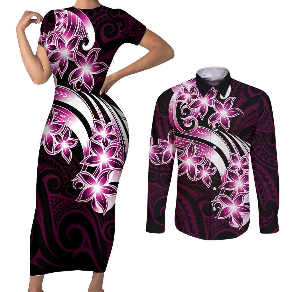 Plumeria Tribal Tattoo Couples Matching Short Sleeve Bodycon Dress and Long Sleeve Button Shirt Pink Polynesian Pattern