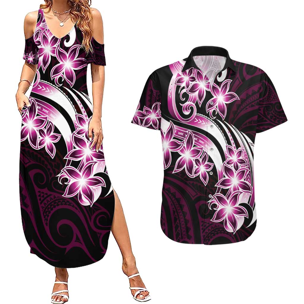 Plumeria Tribal Tattoo Couples Matching Summer Maxi Dress and Hawaiian Shirt Pink Polynesian Pattern