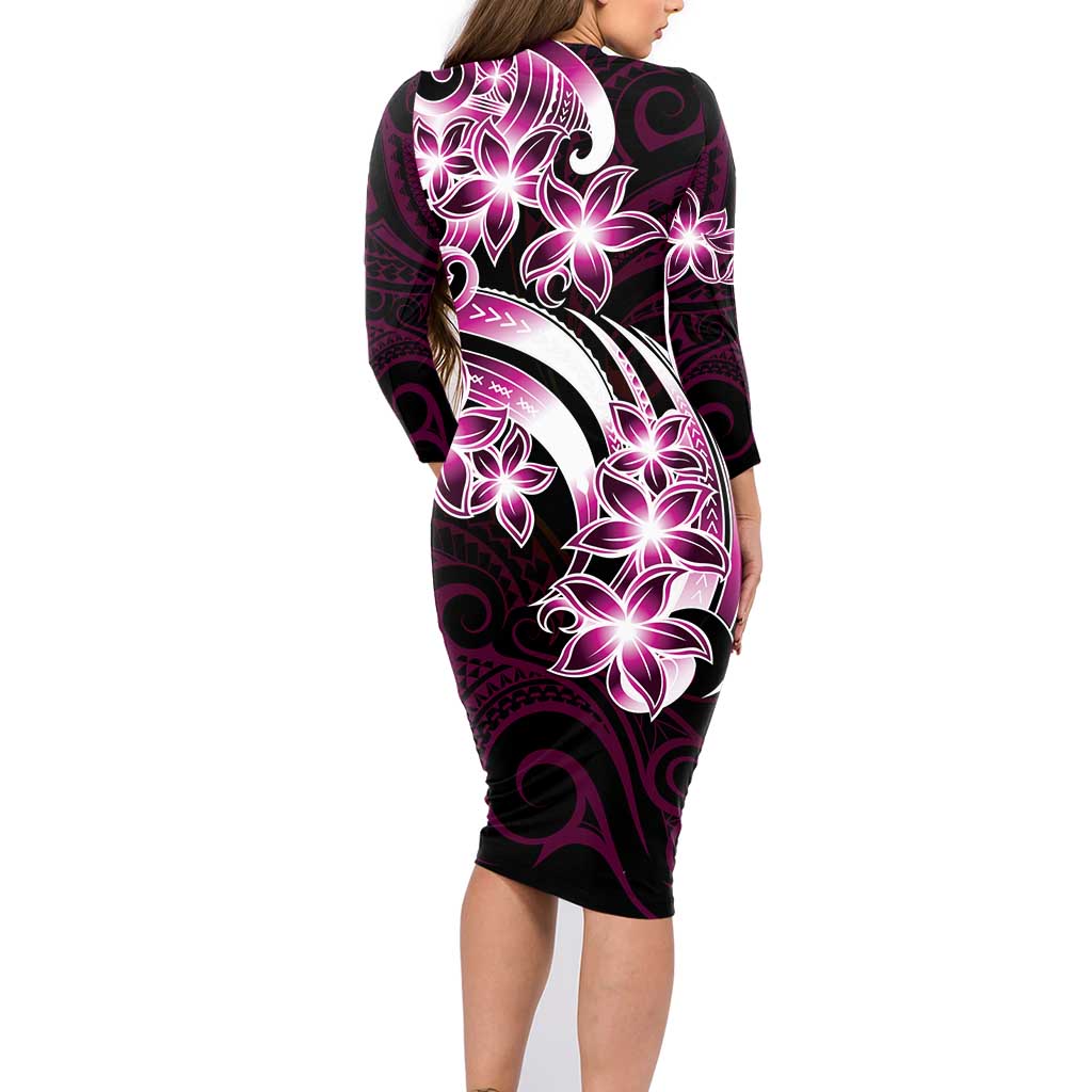 Plumeria Tribal Tattoo Family Matching Long Sleeve Bodycon Dress and Hawaiian Shirt Pink Polynesian Pattern LT9 - Polynesian Pride