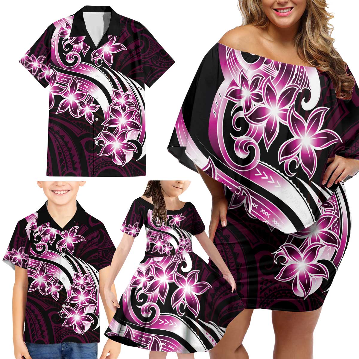 Plumeria Tribal Tattoo Family Matching Off Shoulder Short Dress and Hawaiian Shirt Pink Polynesian Pattern