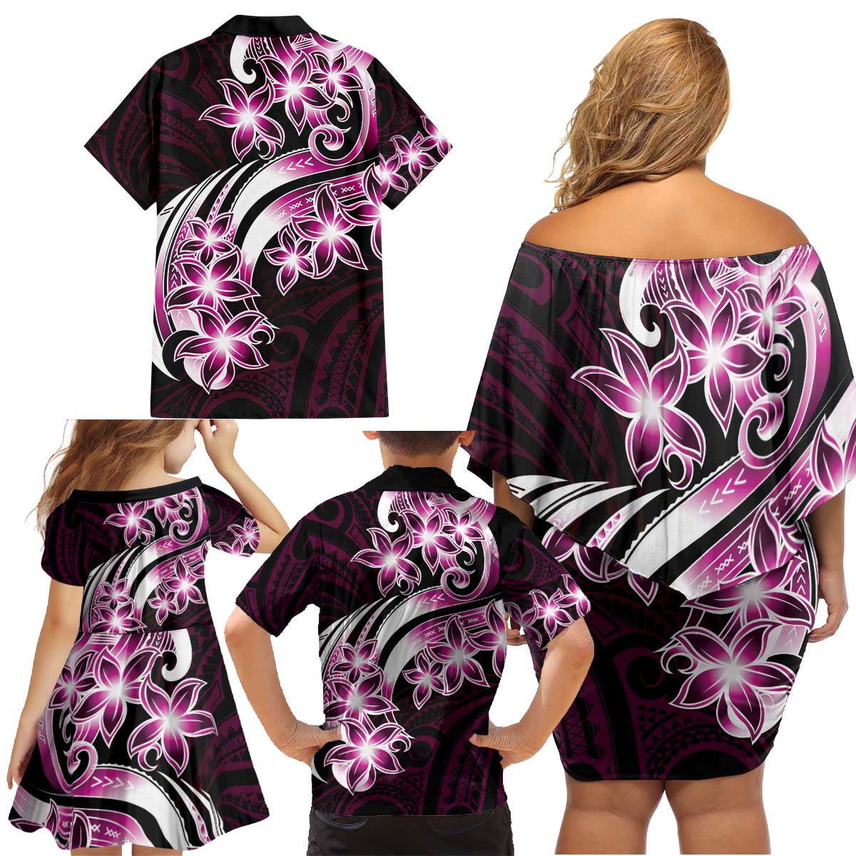 Plumeria Tribal Tattoo Family Matching Off Shoulder Short Dress and Hawaiian Shirt Pink Polynesian Pattern