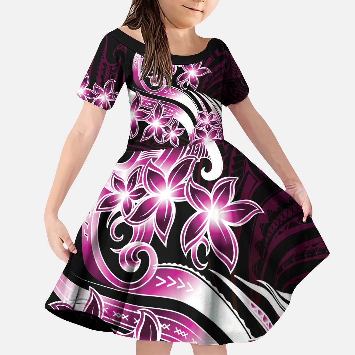 Plumeria Tribal Tattoo Family Matching Puletasi and Hawaiian Shirt Pink Polynesian Pattern LT9 Daughter's Dress Pink - Polynesian Pride