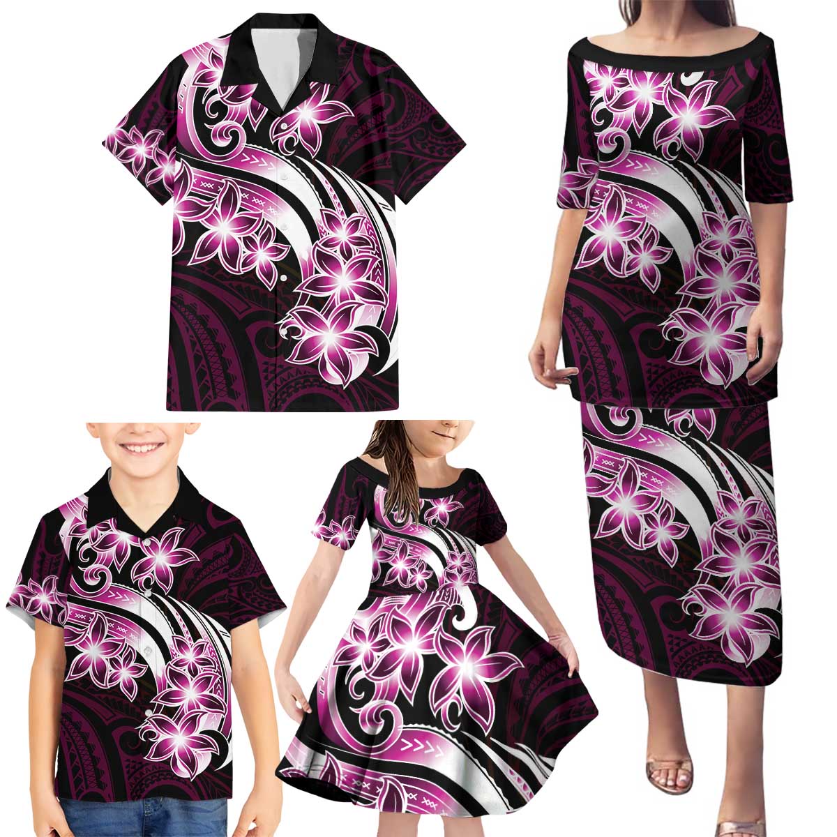 Plumeria Tribal Tattoo Family Matching Puletasi and Hawaiian Shirt Pink Polynesian Pattern LT9 - Polynesian Pride