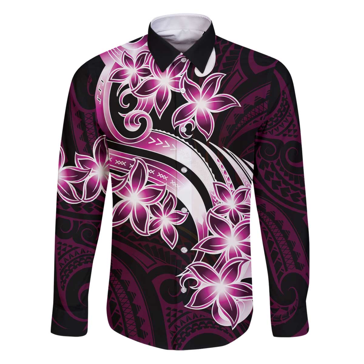 Plumeria Tribal Tattoo Family Matching Puletasi and Hawaiian Shirt Pink Polynesian Pattern LT9 Dad's Shirt - Long Sleeve Pink - Polynesian Pride