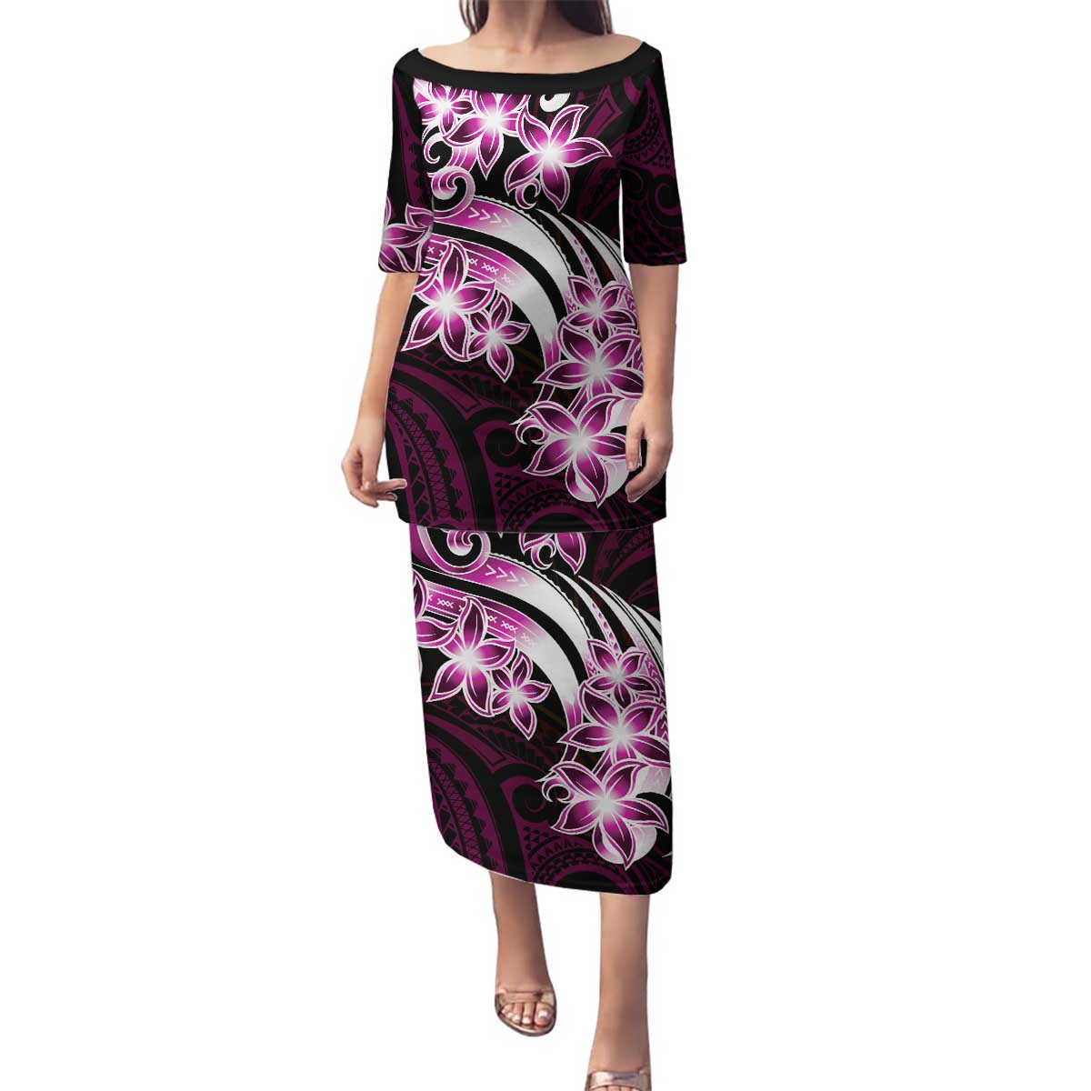 Plumeria Tribal Tattoo Family Matching Puletasi and Hawaiian Shirt Pink Polynesian Pattern LT9 Mom's Dress Pink - Polynesian Pride