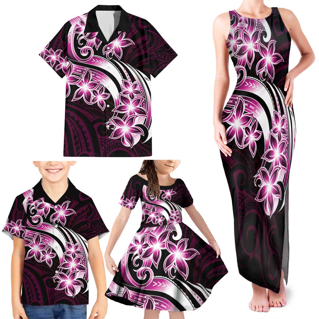 Plumeria Tribal Tattoo Family Matching Tank Maxi Dress and Hawaiian Shirt Pink Polynesian Pattern