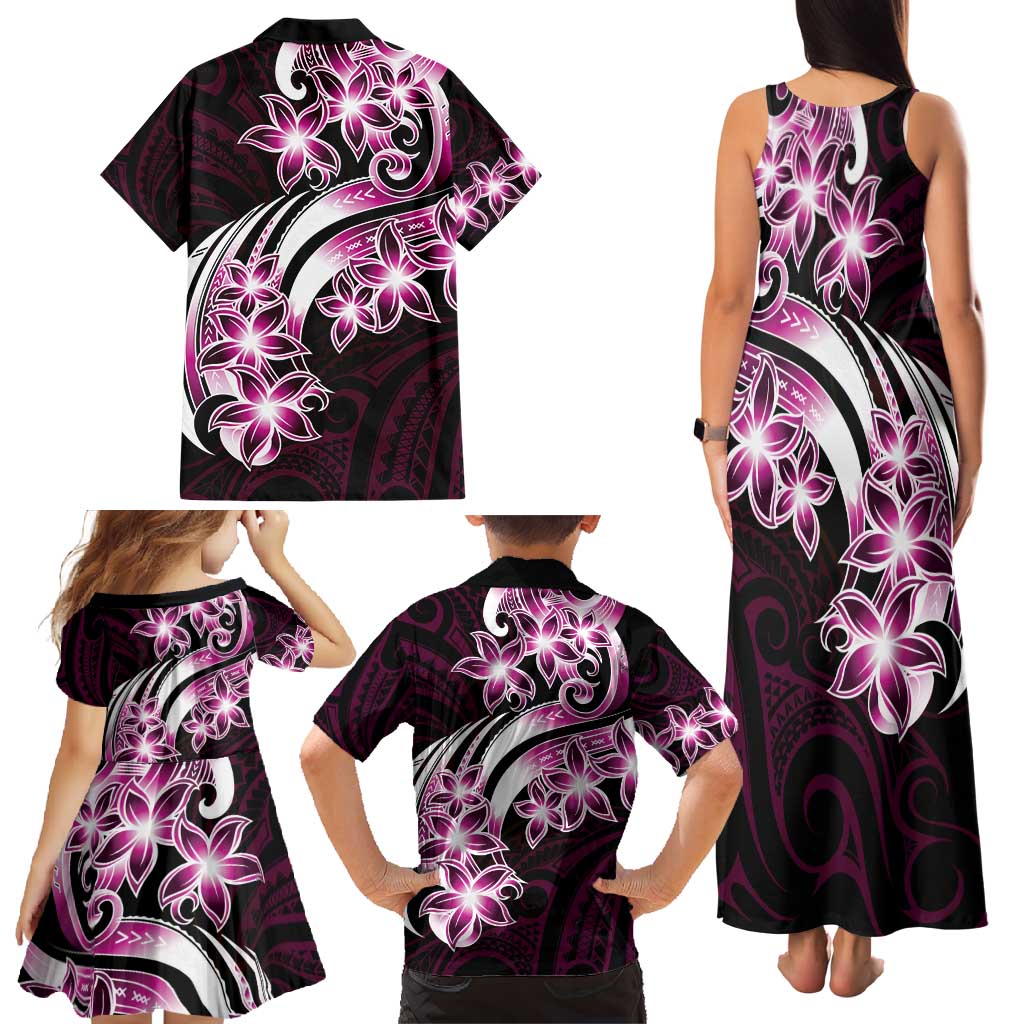 Plumeria Tribal Tattoo Family Matching Tank Maxi Dress and Hawaiian Shirt Pink Polynesian Pattern
