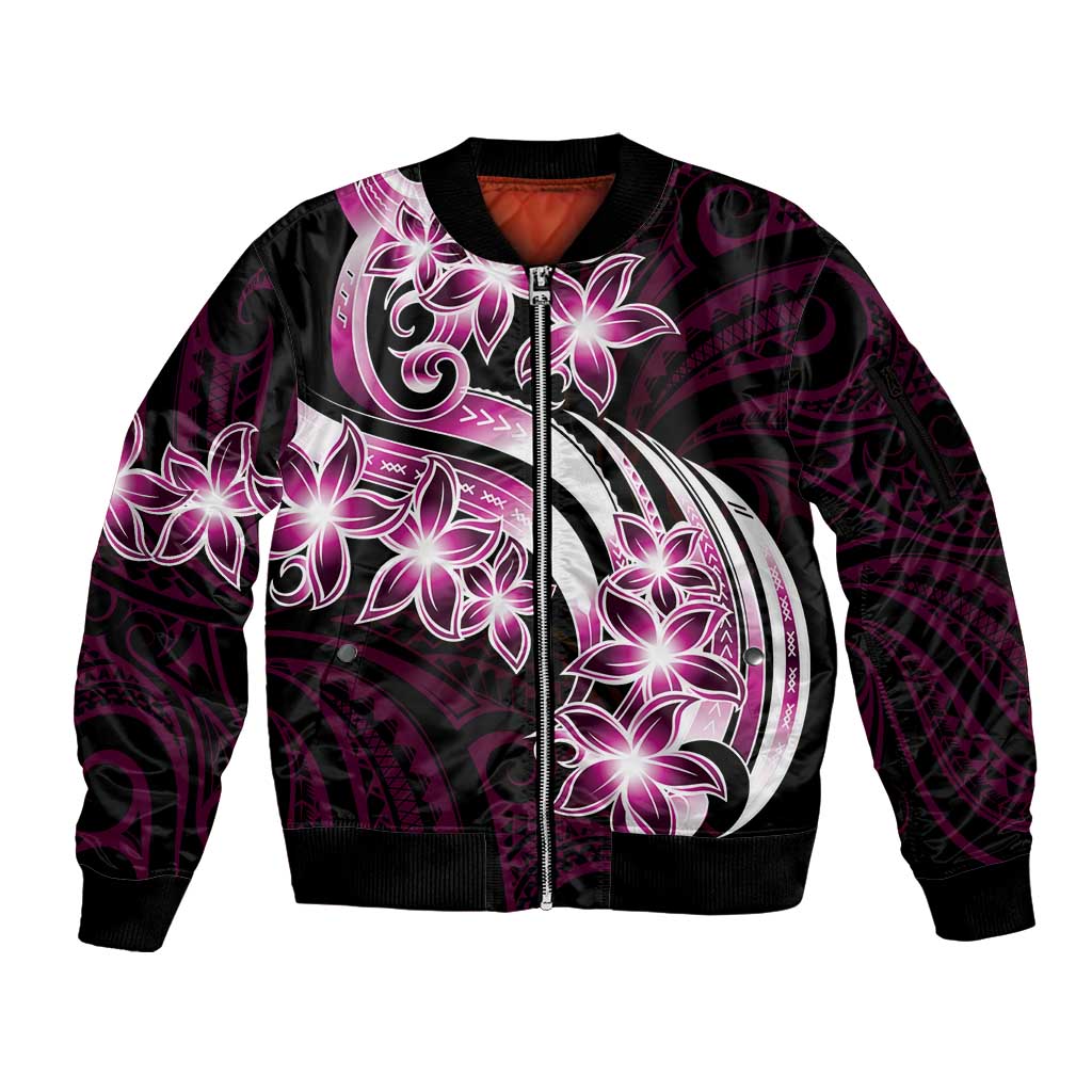 Plumeria Tribal Tattoo Sleeve Zip Bomber Jacket Pink Polynesian Pattern