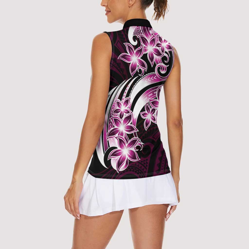 Plumeria Tribal Tattoo Women Sleeveless Polo Shirt Pink Polynesian Pattern