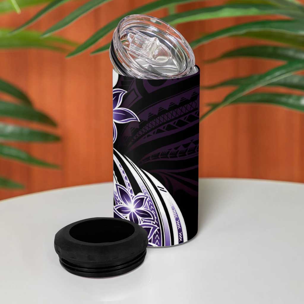 Plumeria Tribal Tattoo 4 in 1 Can Cooler Tumbler Purple Polynesian Pattern
