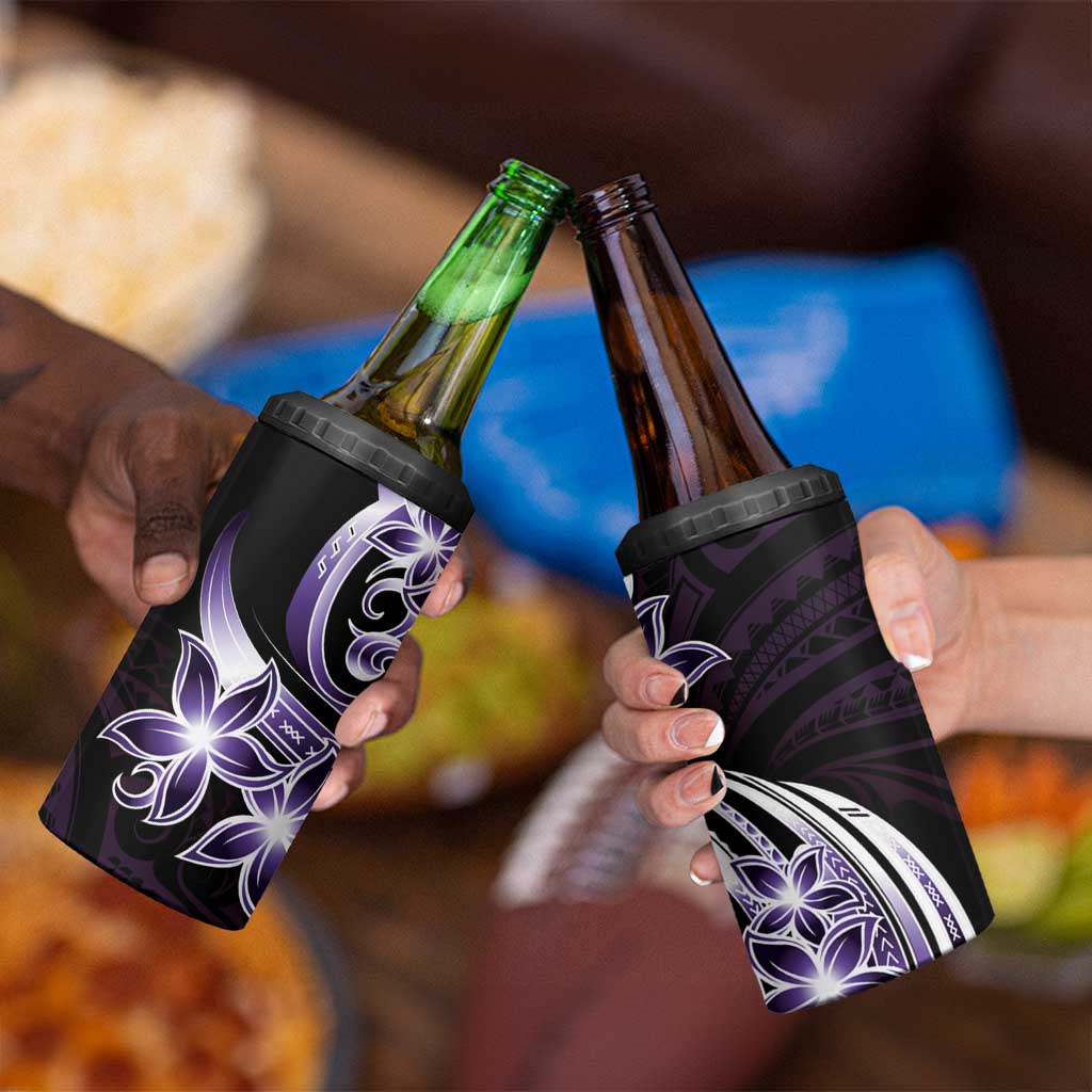 Plumeria Tribal Tattoo 4 in 1 Can Cooler Tumbler Purple Polynesian Pattern