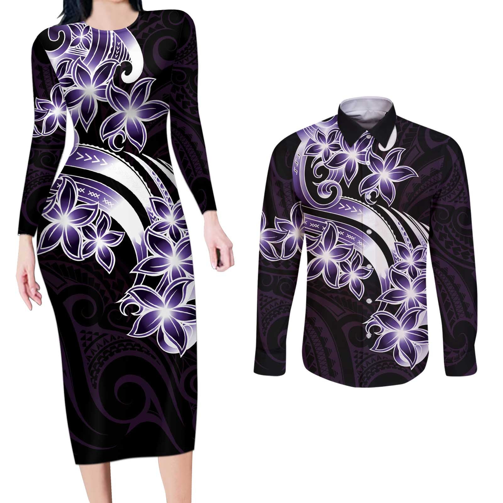 Plumeria Tribal Tattoo Couples Matching Long Sleeve Bodycon Dress and Long Sleeve Button Shirt Purple Polynesian Pattern