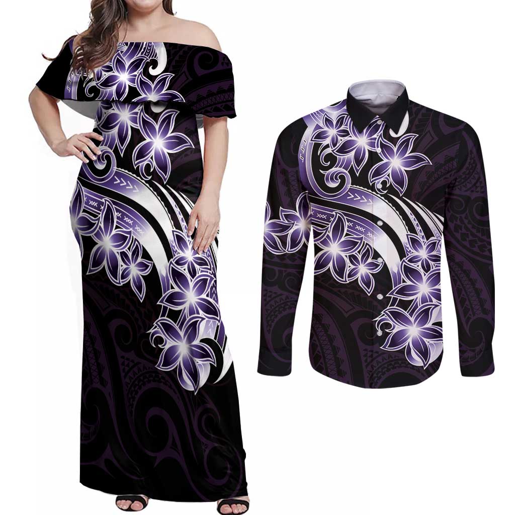 Plumeria Tribal Tattoo Couples Matching Off Shoulder Maxi Dress and Long Sleeve Button Shirt Purple Polynesian Pattern