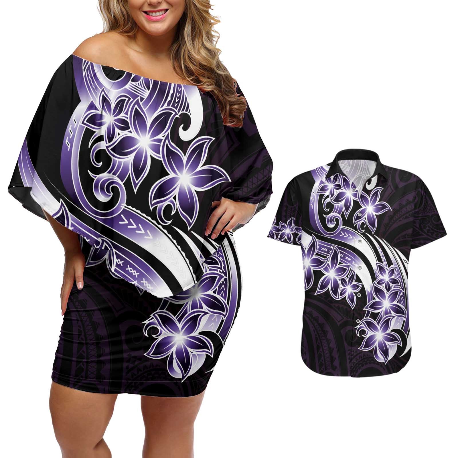 Plumeria Tribal Tattoo Couples Matching Off Shoulder Short Dress and Hawaiian Shirt Purple Polynesian Pattern