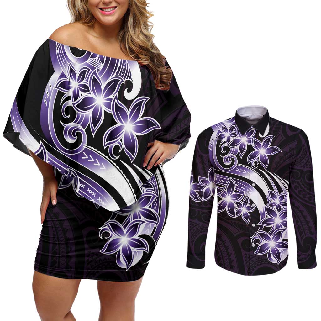 Plumeria Tribal Tattoo Couples Matching Off Shoulder Short Dress and Long Sleeve Button Shirt Purple Polynesian Pattern