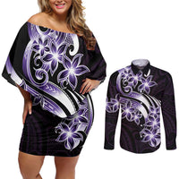 Plumeria Tribal Tattoo Couples Matching Off Shoulder Short Dress and Long Sleeve Button Shirt Purple Polynesian Pattern