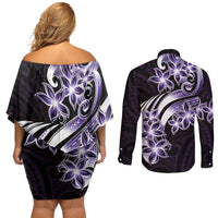 Plumeria Tribal Tattoo Couples Matching Off Shoulder Short Dress and Long Sleeve Button Shirt Purple Polynesian Pattern