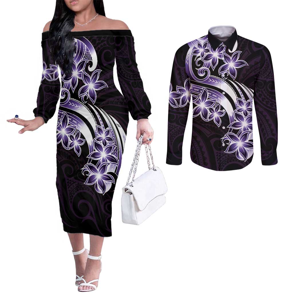 Plumeria Tribal Tattoo Couples Matching Off The Shoulder Long Sleeve Dress and Long Sleeve Button Shirt Purple Polynesian Pattern