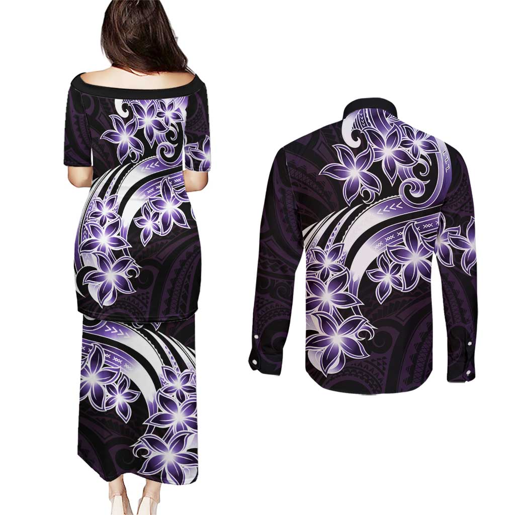Plumeria Tribal Tattoo Couples Matching Puletasi and Long Sleeve Button Shirt Purple Polynesian Pattern