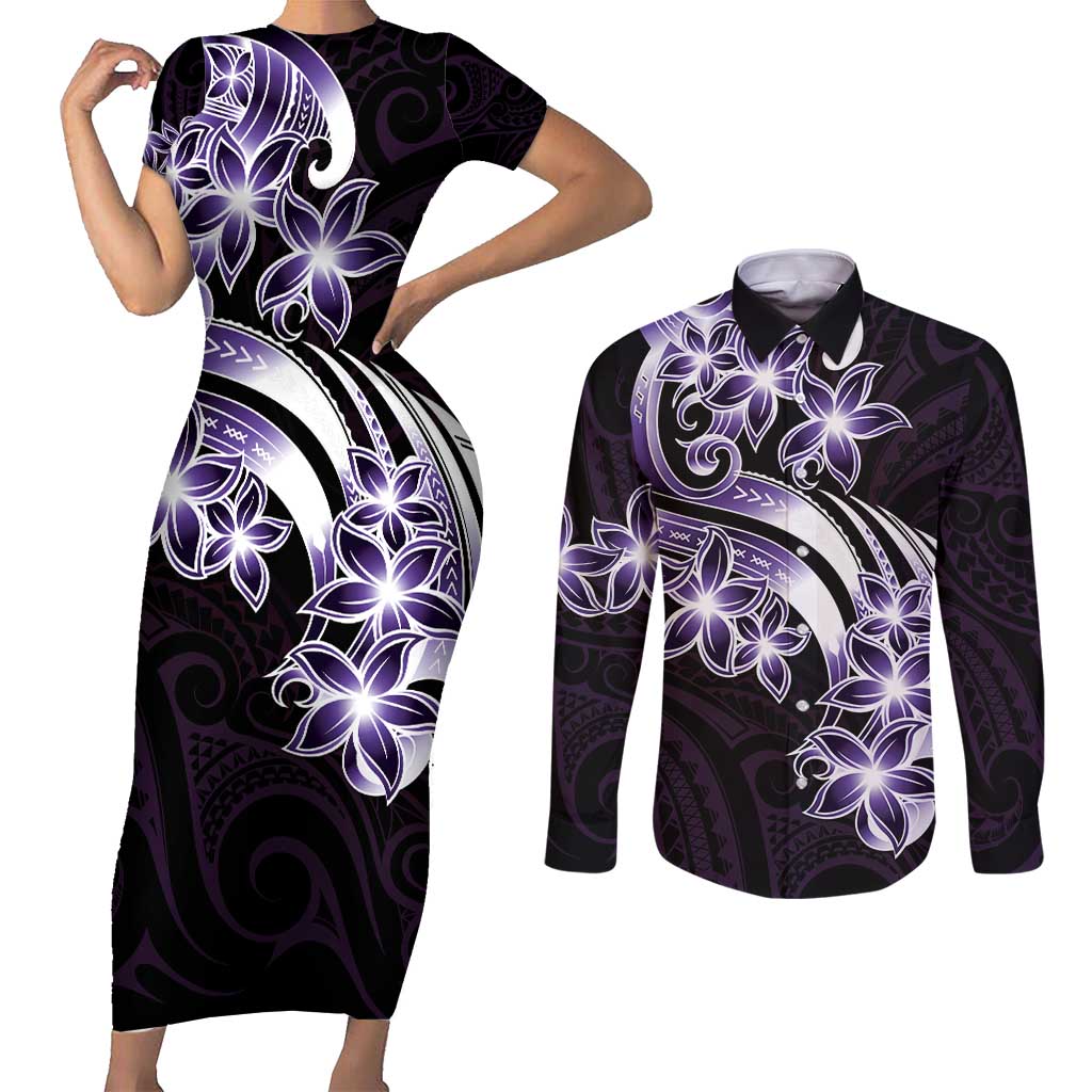 Plumeria Tribal Tattoo Couples Matching Short Sleeve Bodycon Dress and Long Sleeve Button Shirt Purple Polynesian Pattern