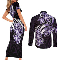 Plumeria Tribal Tattoo Couples Matching Short Sleeve Bodycon Dress and Long Sleeve Button Shirt Purple Polynesian Pattern