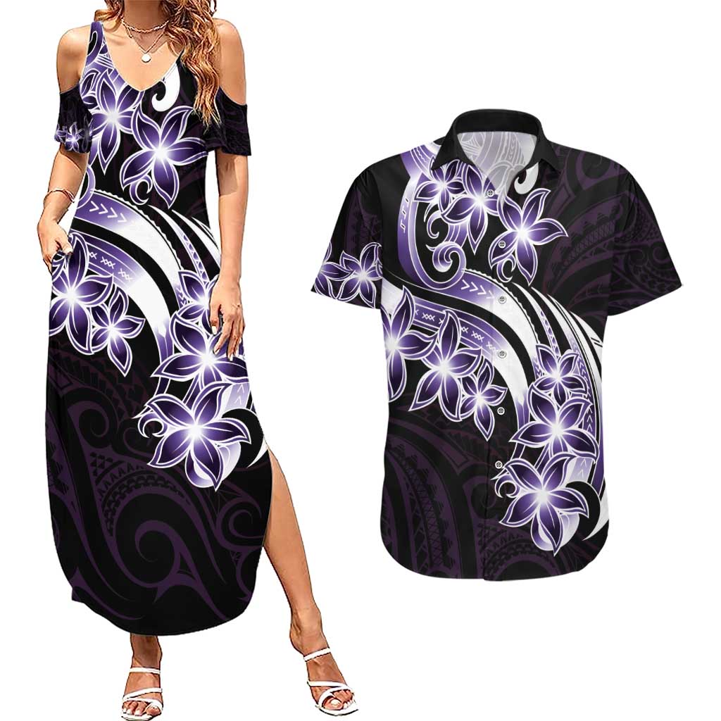 Plumeria Tribal Tattoo Couples Matching Summer Maxi Dress and Hawaiian Shirt Purple Polynesian Pattern