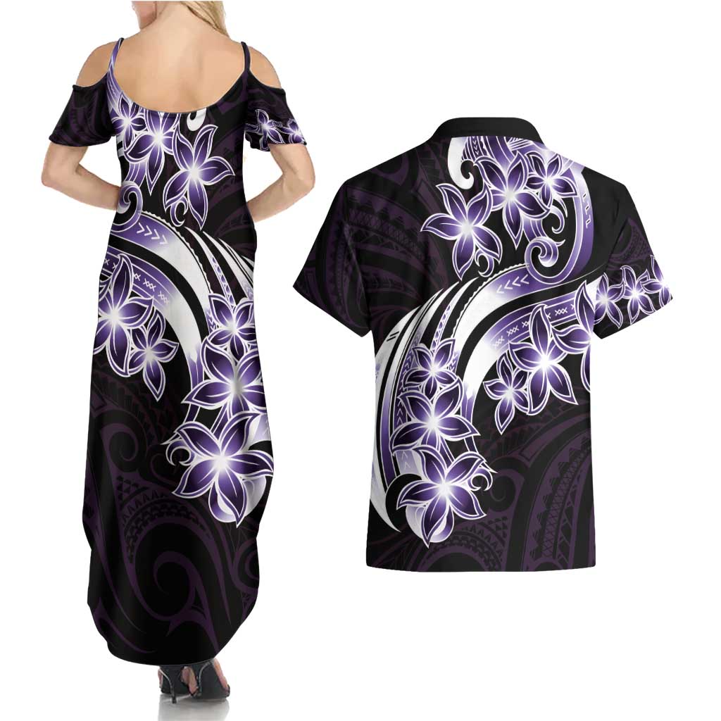 Plumeria Tribal Tattoo Couples Matching Summer Maxi Dress and Hawaiian Shirt Purple Polynesian Pattern