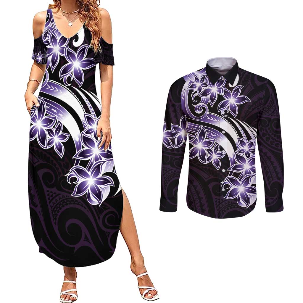 Plumeria Tribal Tattoo Couples Matching Summer Maxi Dress and Long Sleeve Button Shirt Purple Polynesian Pattern