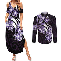 Plumeria Tribal Tattoo Couples Matching Summer Maxi Dress and Long Sleeve Button Shirt Purple Polynesian Pattern