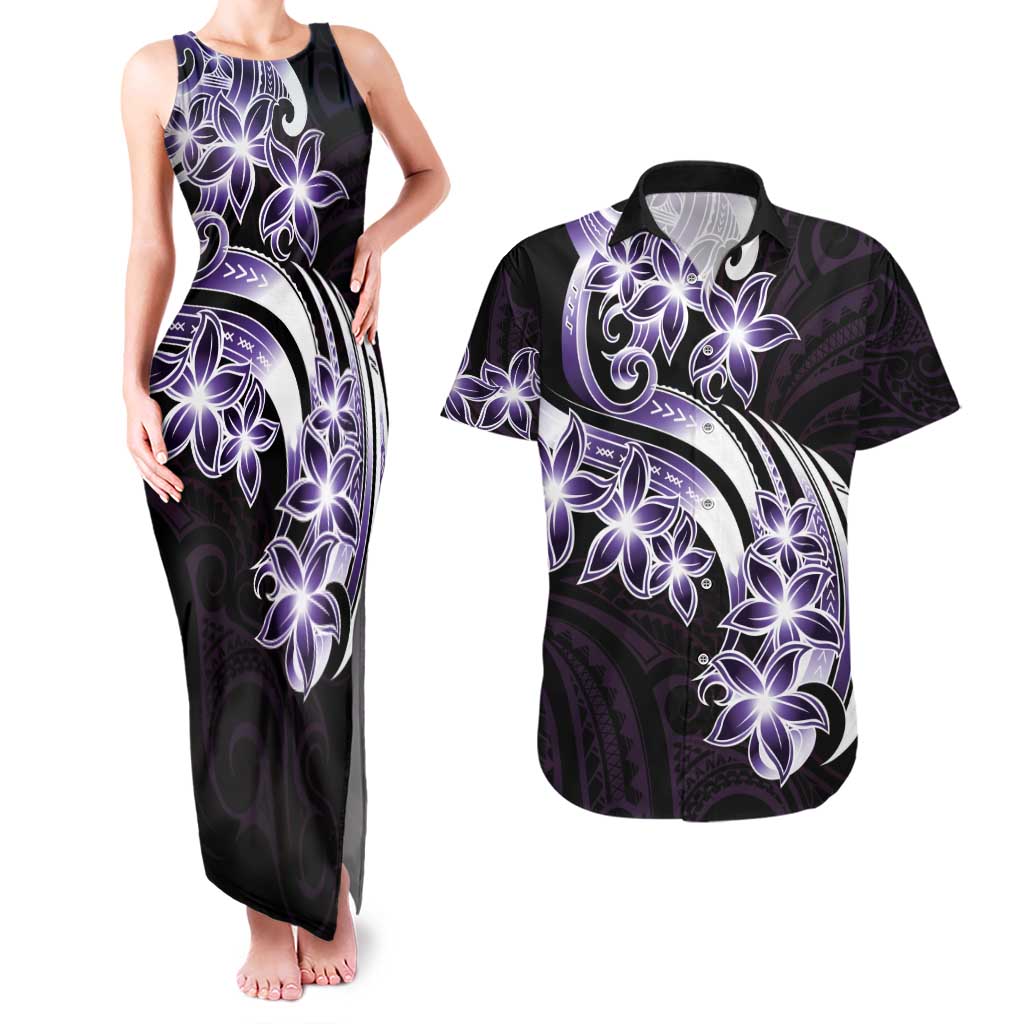 Plumeria Tribal Tattoo Couples Matching Tank Maxi Dress and Hawaiian Shirt Purple Polynesian Pattern