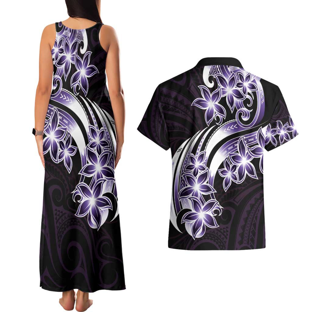 Plumeria Tribal Tattoo Couples Matching Tank Maxi Dress and Hawaiian Shirt Purple Polynesian Pattern