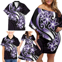 Plumeria Tribal Tattoo Family Matching Off Shoulder Short Dress and Hawaiian Shirt Purple Polynesian Pattern