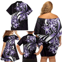 Plumeria Tribal Tattoo Family Matching Off Shoulder Short Dress and Hawaiian Shirt Purple Polynesian Pattern