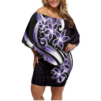 Plumeria Tribal Tattoo Family Matching Off Shoulder Short Dress and Hawaiian Shirt Purple Polynesian Pattern
