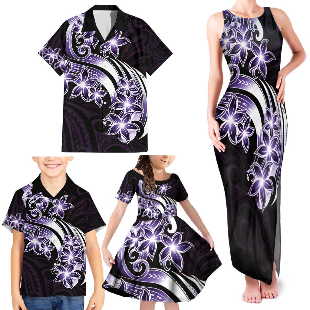Plumeria Tribal Tattoo Family Matching Tank Maxi Dress and Hawaiian Shirt Purple Polynesian Pattern